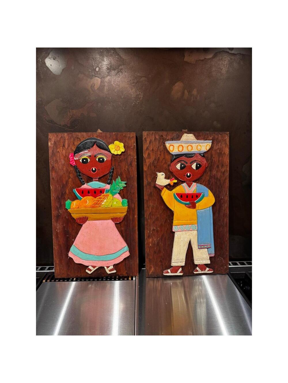 Vintage Mid Century Mexican Folk Art Carved Wood Wall Plaques